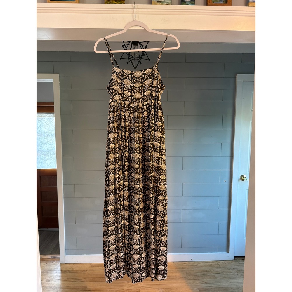 Natural Life Black Floral Smocked Back Maxi Dress with Pockets Small